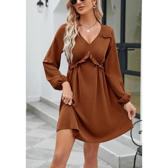 Aokosor Camel Brown V-neck Dress Long Sleeve - Picture 3 of 3